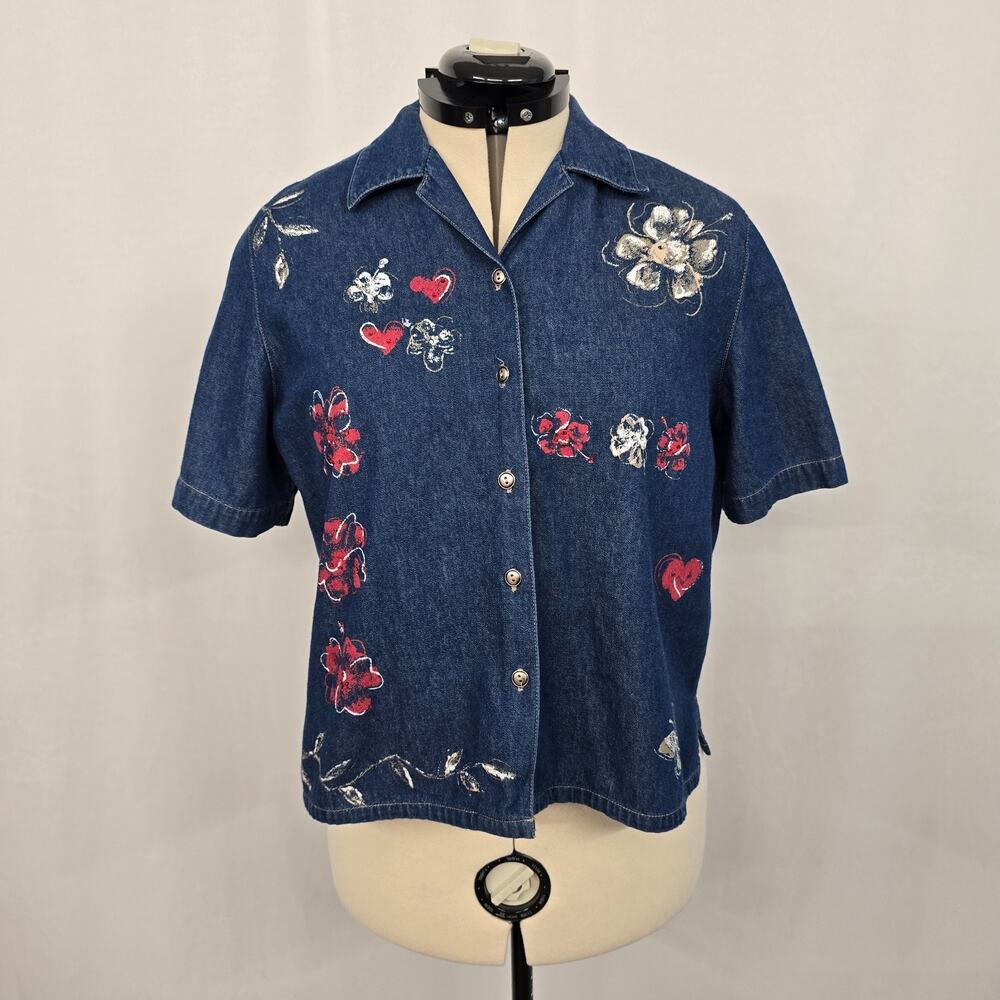 Koret City Blues Denim Shirt Women's L Dark Blue Floral Embroidery Short Sleeve
